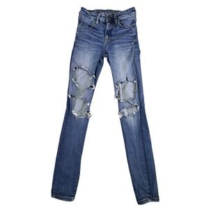 American Eagle Hi-Rise Jegging Next Level Stretch Distressed Blue Jeans 2 Long